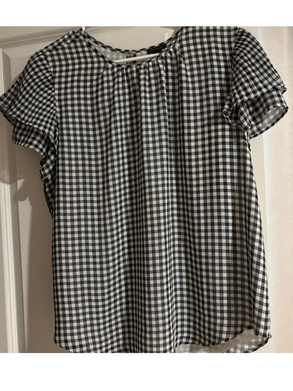 Ann Taylor Black and White Gingham Flutter-Sleeve Blouse
